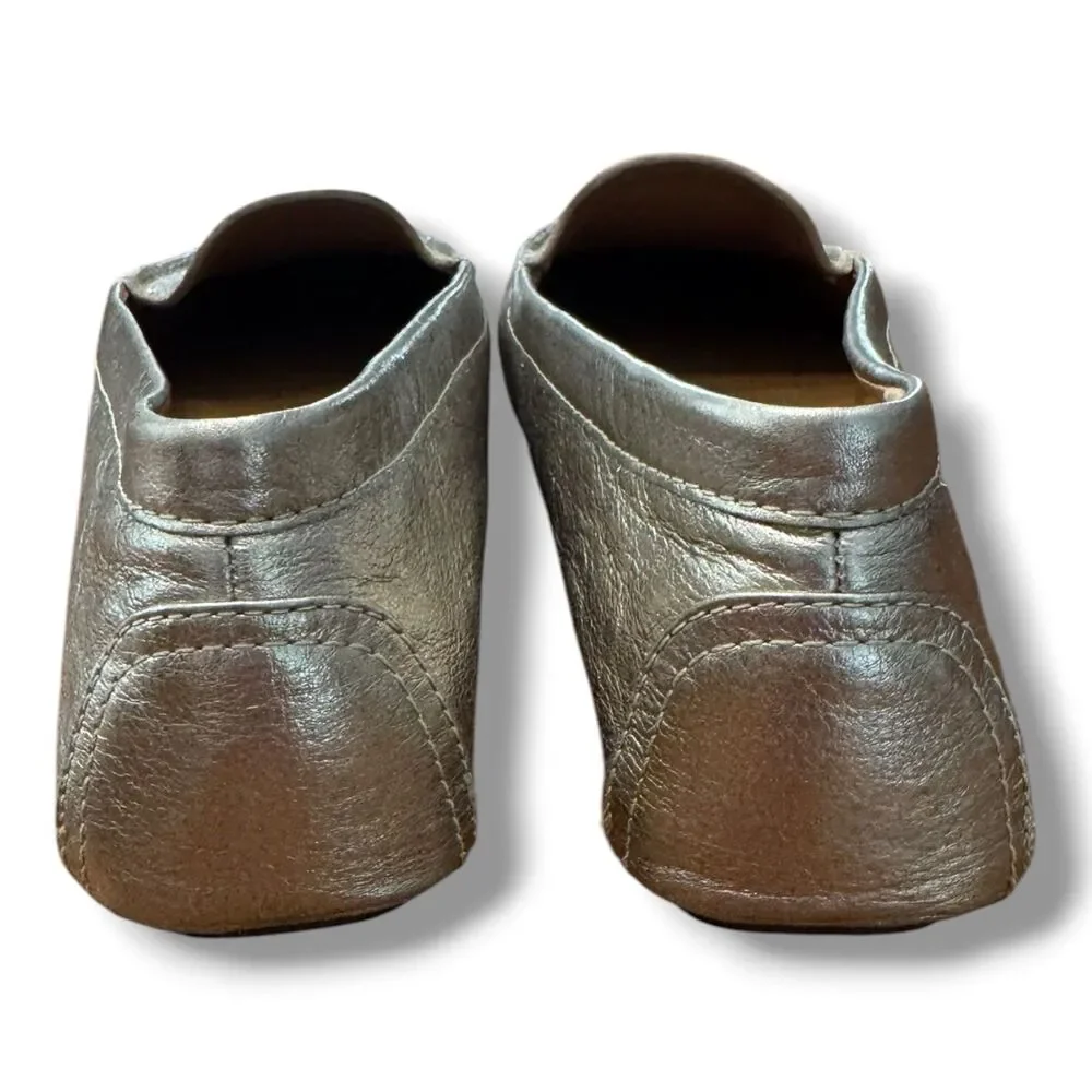Tory Burch Everly Silver Metallic Leather Shoe Logo Luxury Slip On Women’s Sz 9